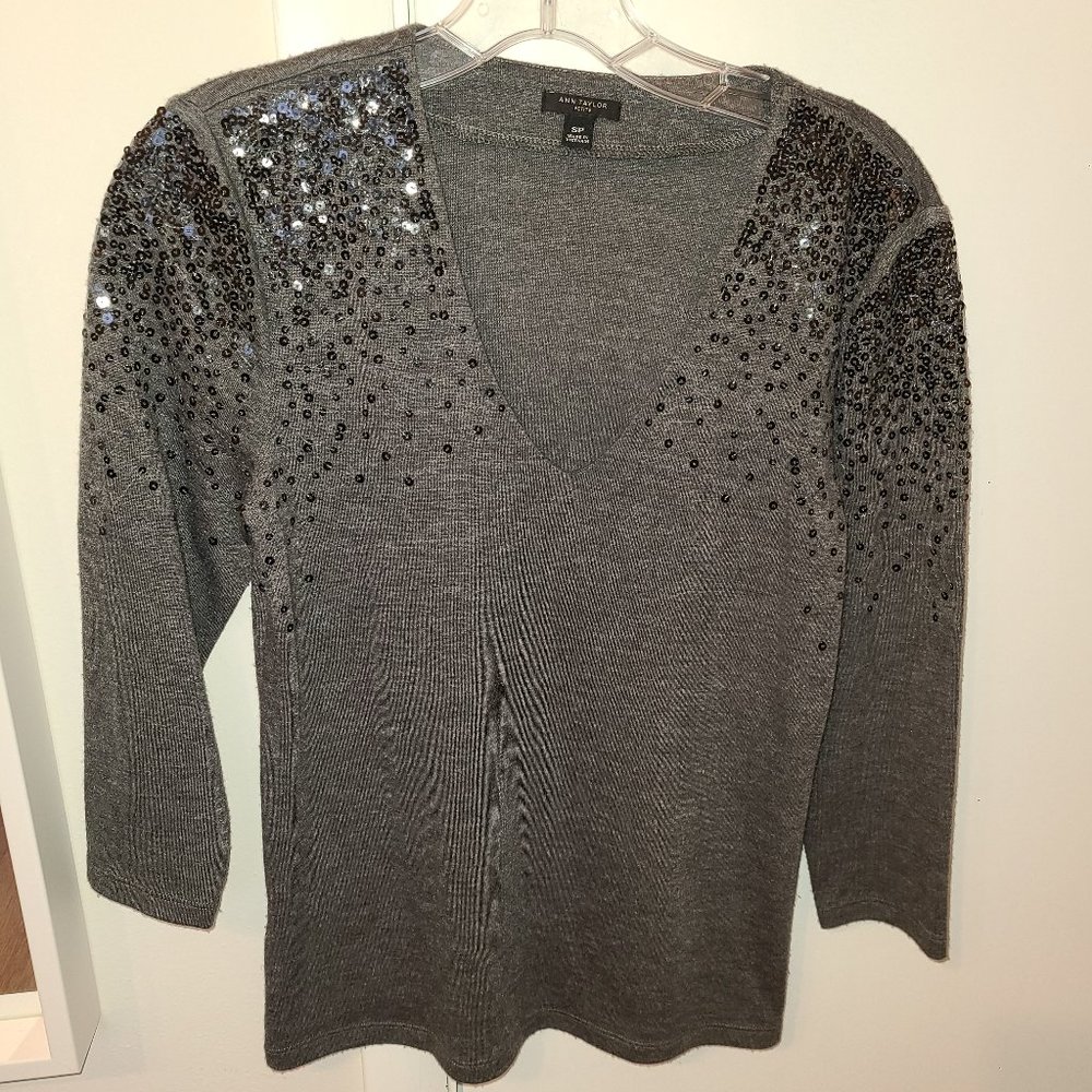 Festive Sparkle Ann Taylor Top in Dark Gray with Sequins